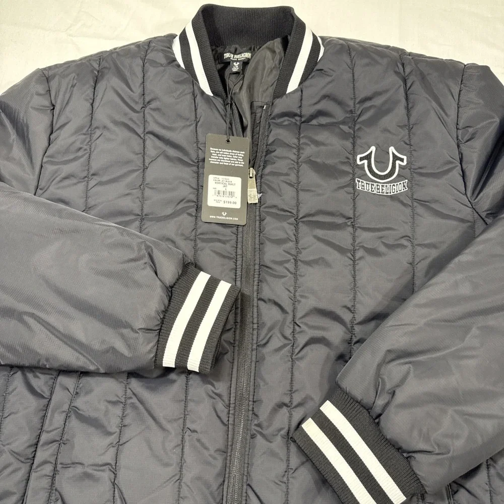 JACKET PUFFER True Religion MENS LRG BOMBER QUILTED COAT WHT TRIM NWT 107823